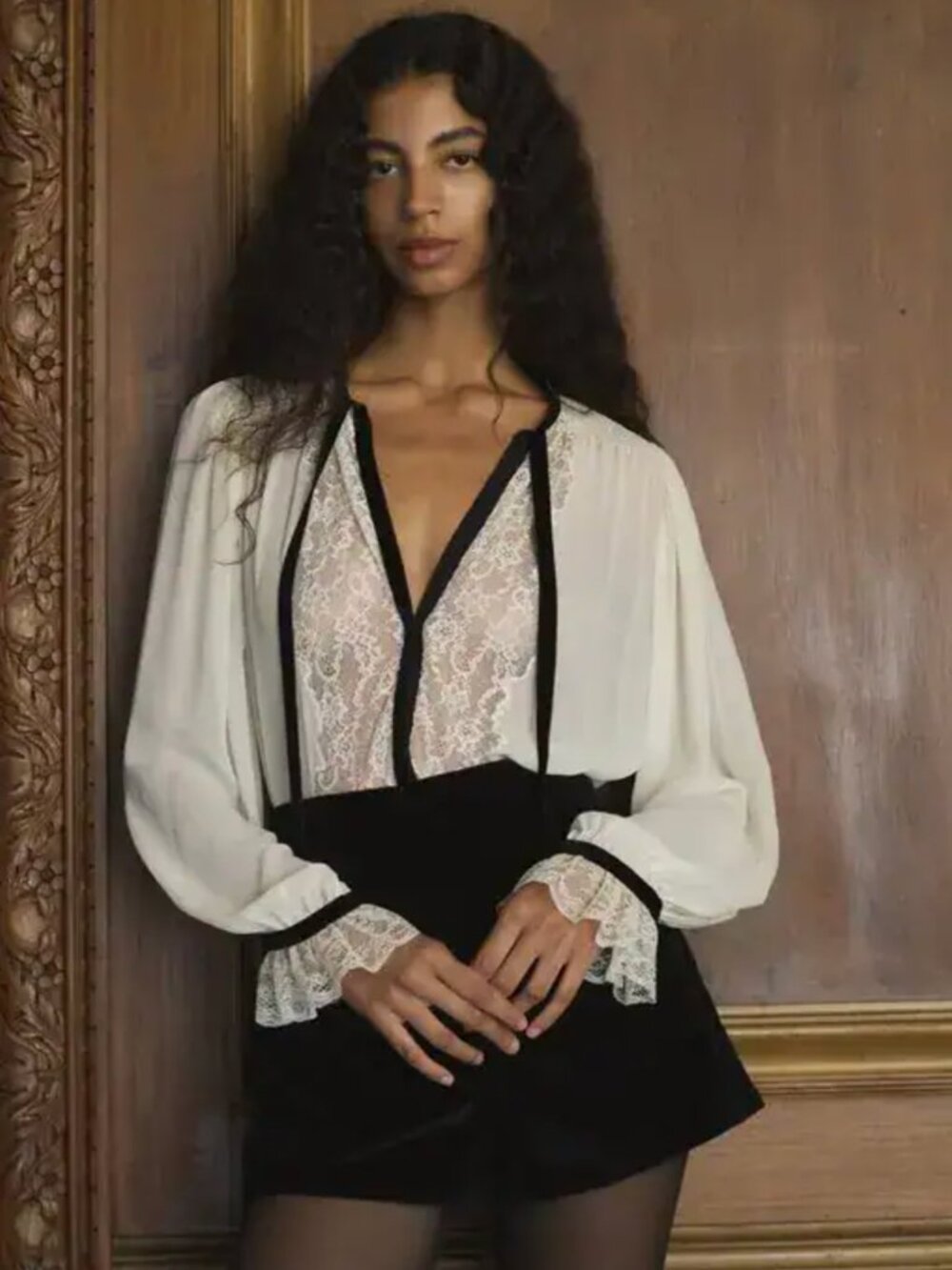 DÔEN Leia Top Silk Georgette Blouse Candlelight Lace Velvet Tie S NWT